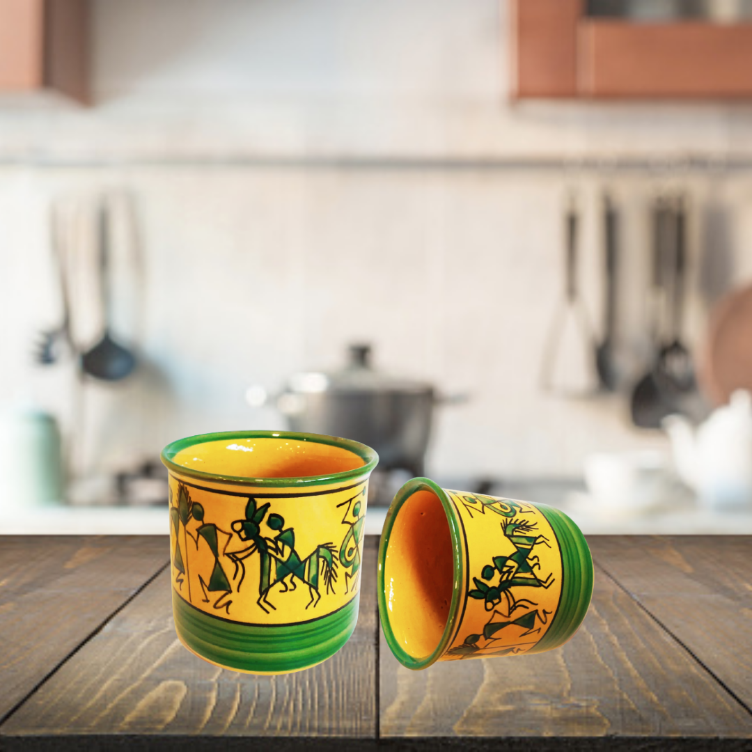 Exotic Green Worli Hand-Painted Black & Orange Color Ceramic Pot I Cearmic Pot for Live Plants I Combo Pack Set of Two