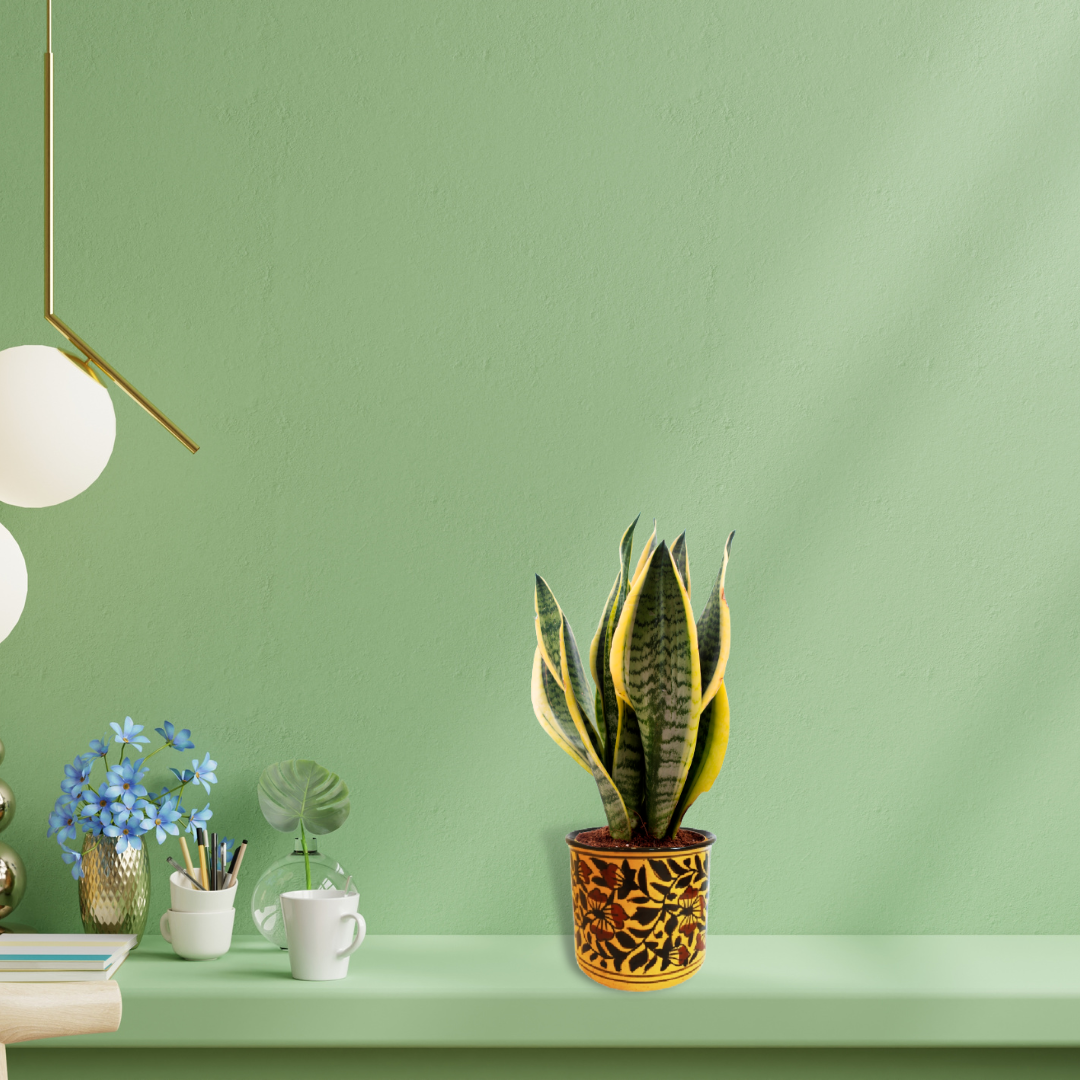 Exotic Green Mughal Floral Art Handmade Printed Pottery Yellow & Brown Ceramic Pot, Planter, Plant Container, Gamla