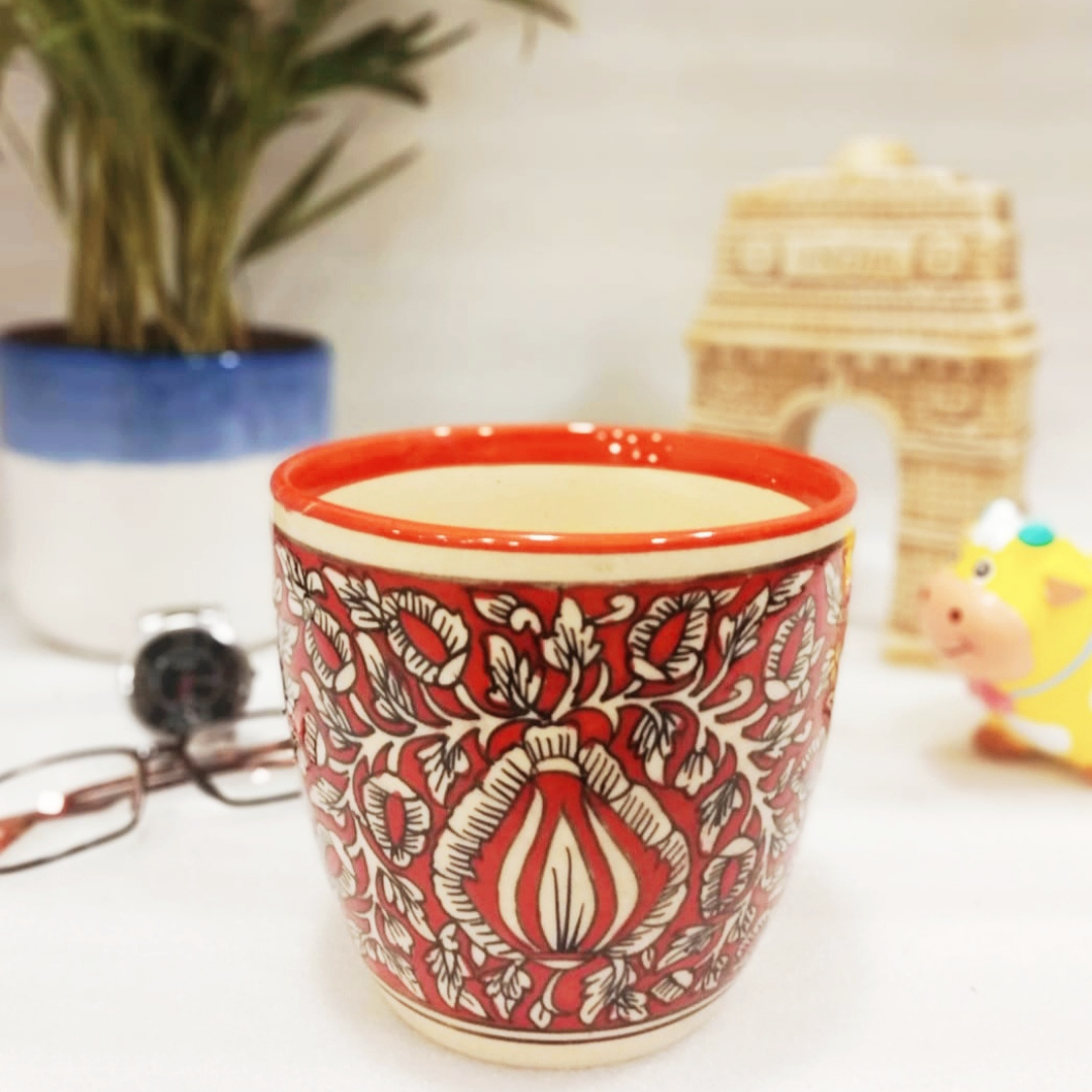 Exotic Green Mughal Floral Art Hand-Painted Ceramic Blue Color Pot for Live Plants